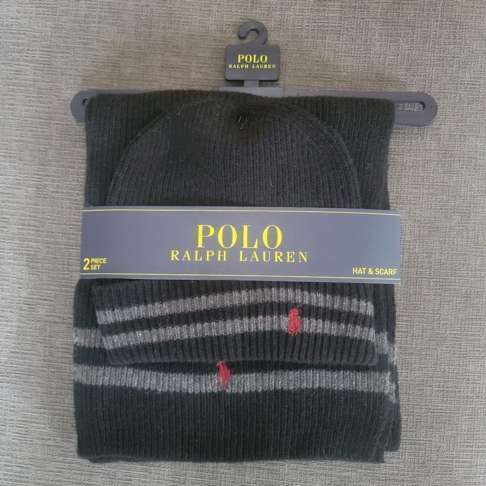 Polo Ralph Lauren Men's Black 2 Piece Set Hat & Scarf Lambswool Blend